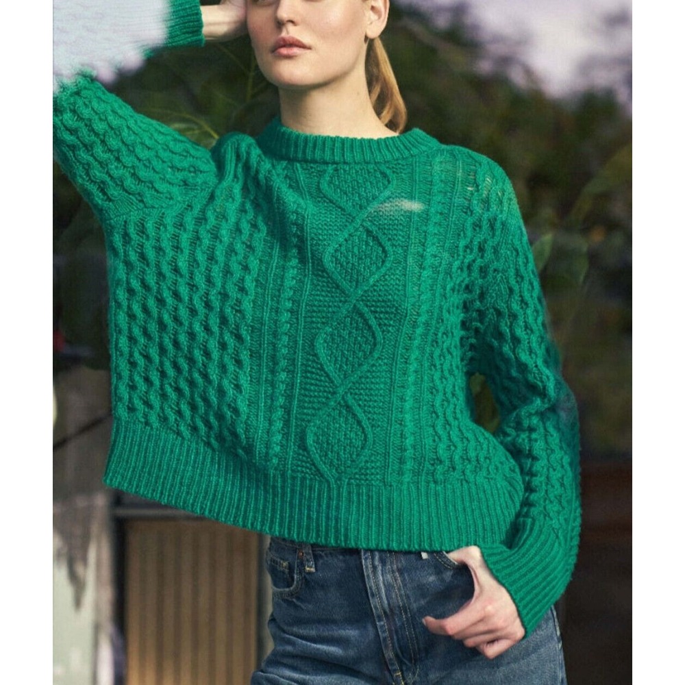 NWT 360 Cashmere Anna Cable Knit Wool Cashmere Sweater Jungle Green Small $475